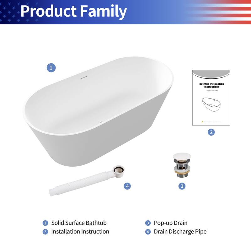 Oval Shaped Stone Resin Freestanding Bathtubs, Solid Surface Matte White Soaking Tub with Overflow and Pop-up Drain