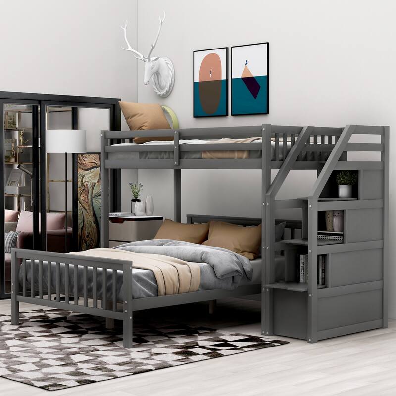 Twin Over Full Bunk Bed with Stairs, Twin Loft Bed w/Full Platform Bed