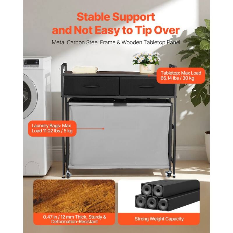 Black Laundry Hamper with 3 Removable Bags, 2 Drawers and Top Shelf for Bathroom or Bedroom - 32.68 x 12.60 x 31.89 in
