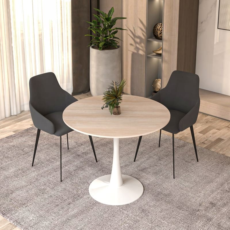 Bristol 35 Inch Mid Century Modern Round Dining Table, Wood Top & Glossy Iron Pedestal Base for Kitchen & Dining Room