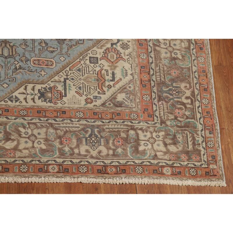 Geometric Blue Tabriz Persian Rug Hand-Knotted Traditional Wool Carpet - 8'3"x 11'2"