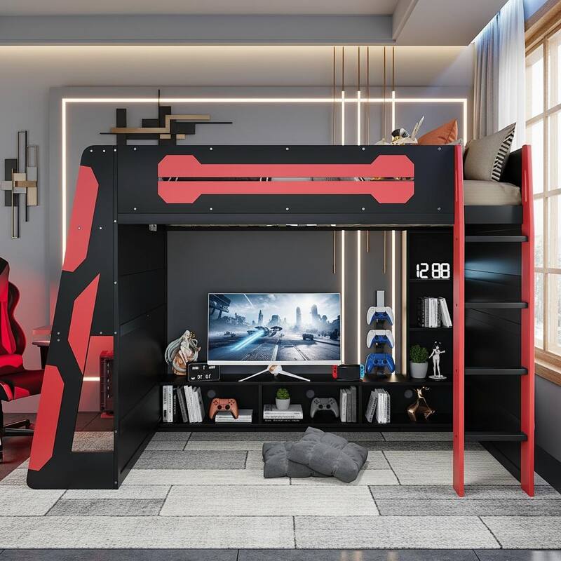 Full Loft Gaming Bed with Desk, RGB Light & Charging Station by Harper&Bright Designs