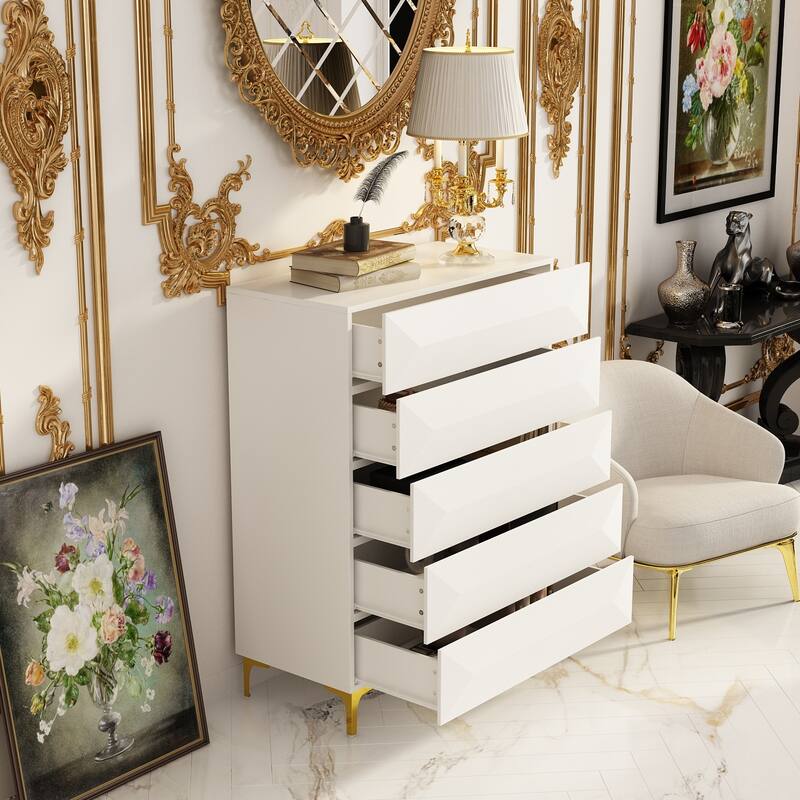 Asymmetrical Drawer Highboy - Chic White Storage Chest with Gold Legs
