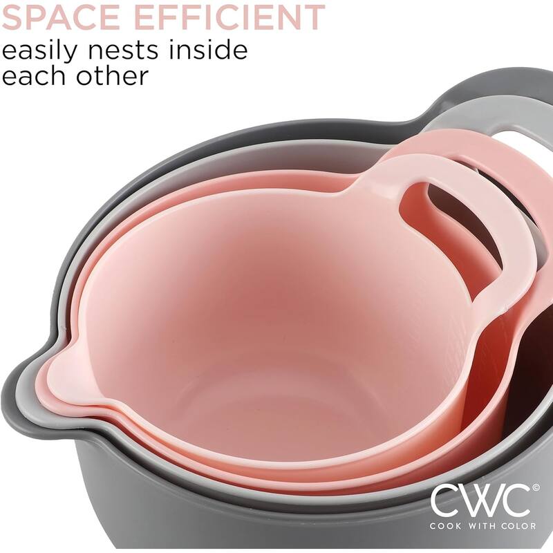 COOK WITH COLOR Nesting Plastic Mixing Bowl Set with Pour Spouts and Handles, Pink, 4 Piece Non-Slip