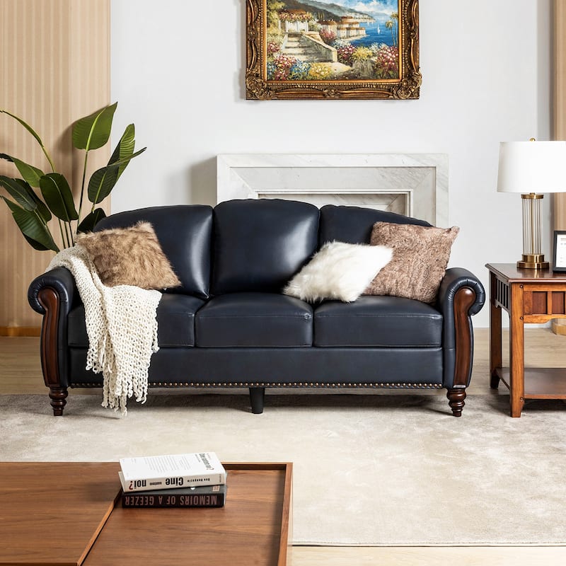Eduard 84" Traditional Genuine Leather Sofa with Carved Wood Legs by HULALA HOME