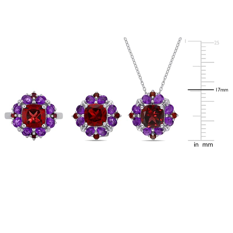 Miadora 17 3/4ct TGW Garnet African Amethyst Cluster Ring Necklace Earrings Set Sterling Silver