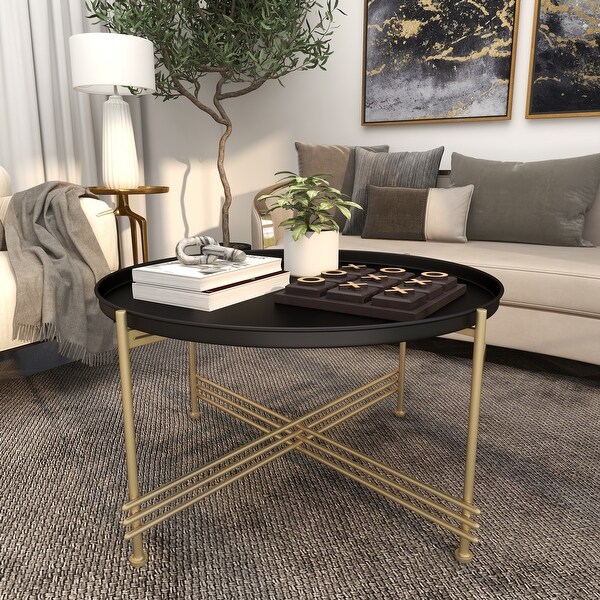 Studio 350 Black Metal Tray Top Living Room Coffee Table with Gold X Shaped Base 33 x 33 x 19