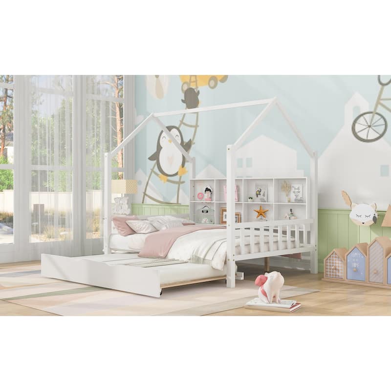 Full Pine Kids House Platform Bed with Trundle, Shelf, and Roof