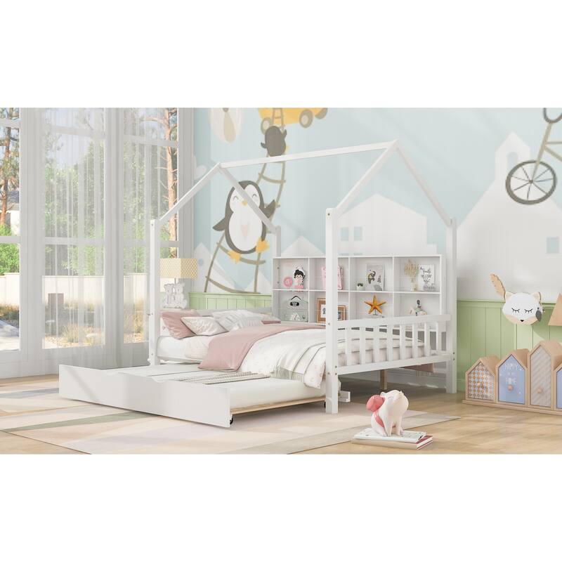 Full Size Wooden House Bed with Trundle and Shelf for Kids, White