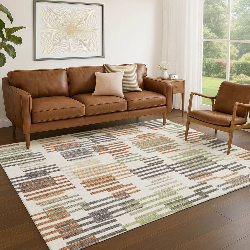 Machine Washable Indoor/ Outdoor Modern Pines Chantille Rug
