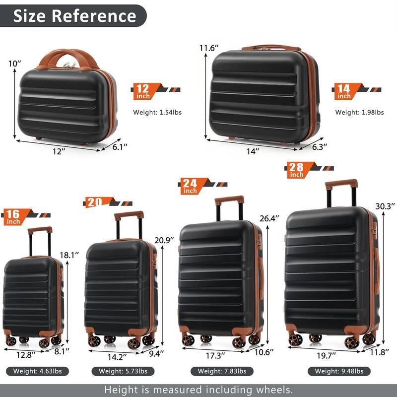 6-Piece Modern Hard-Shell Luggage, Lightweight Luggage with Spinner Wheels, for Boarding Travel, Black Brown