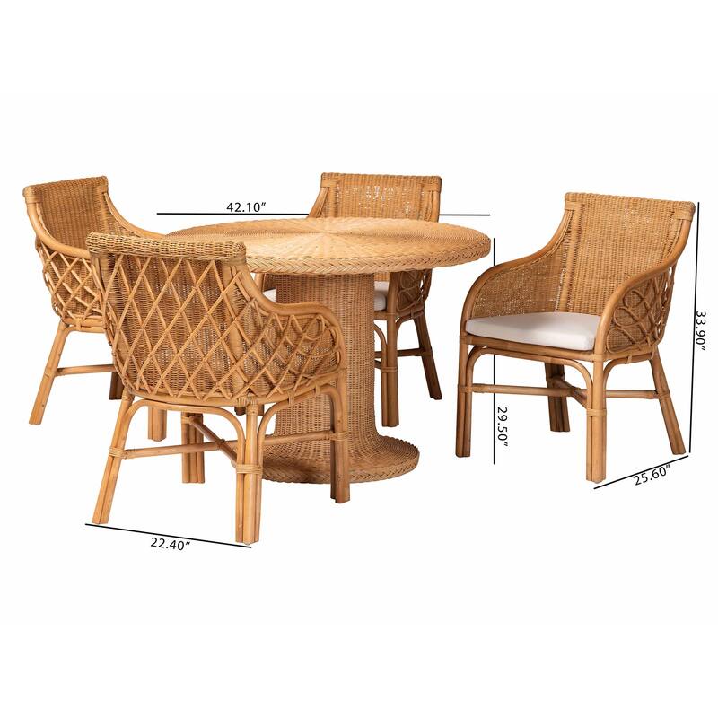 Wymond 5-Piece Rattan Dining Set - Round Wicker Table with Pedestal Base and 4 Armchairs, Woven Boho Coastal Style for Dining