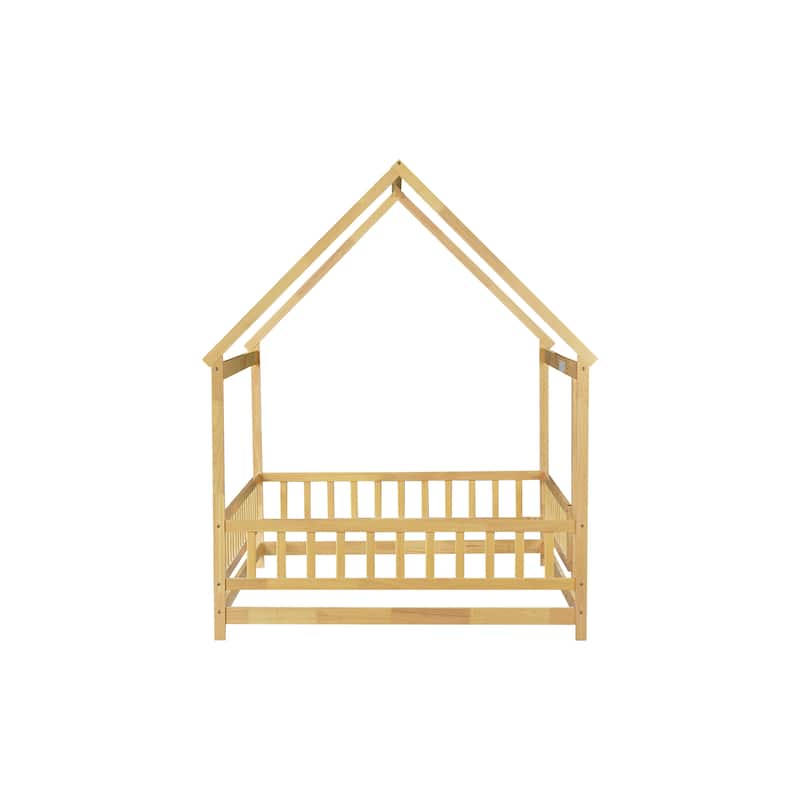 Full Size Wooden House Floor Bed with Roof Frame and Safety Guardrails, Natural Finish