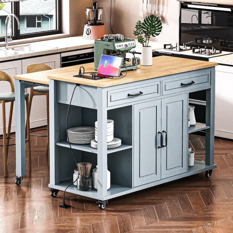 MERAX Kitchen Island with Extendable Dining Table - Grey+Blue