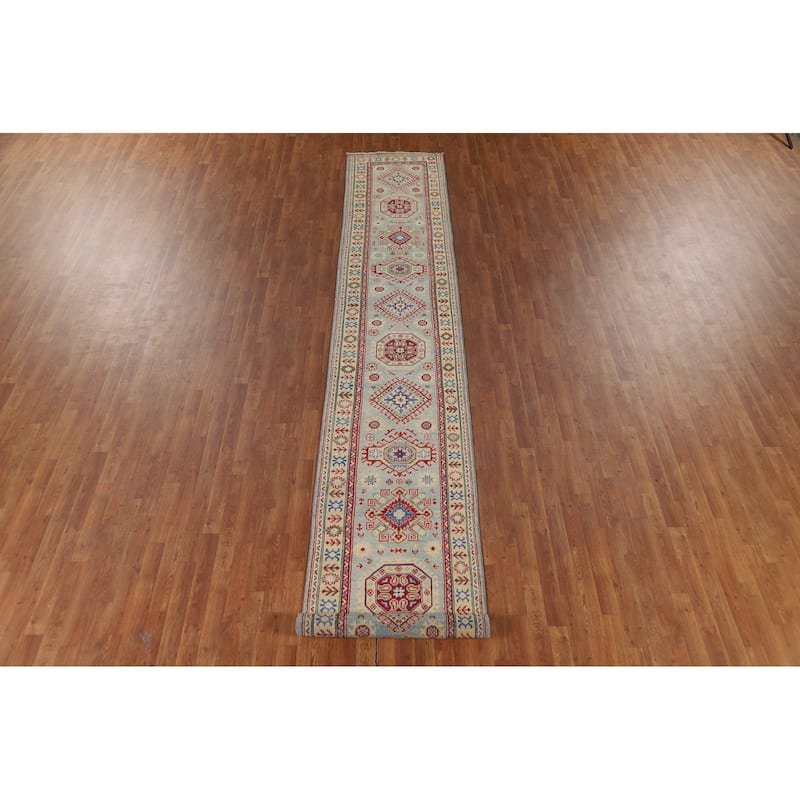 Light Blue Kazak Runner Rug Hand-Knotted Oriental Foyer Wool Carpet - 2'8" x 16'0"