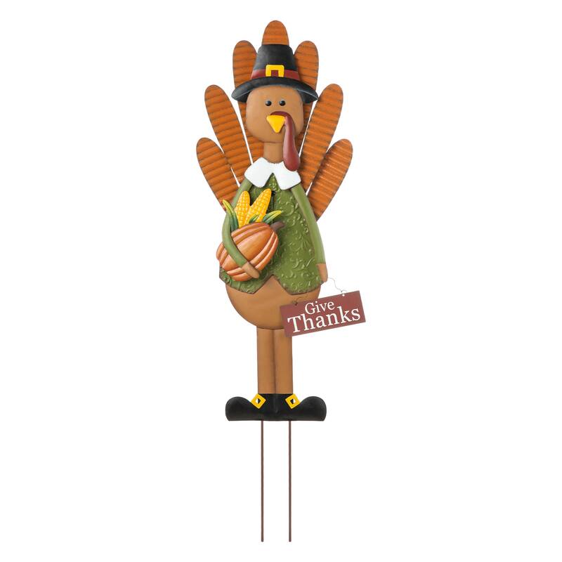 Glitzhome Fall Thanksgiving Metal Turkey Pumpkins Yard Stake - 36"H Turkey with Pumpkin