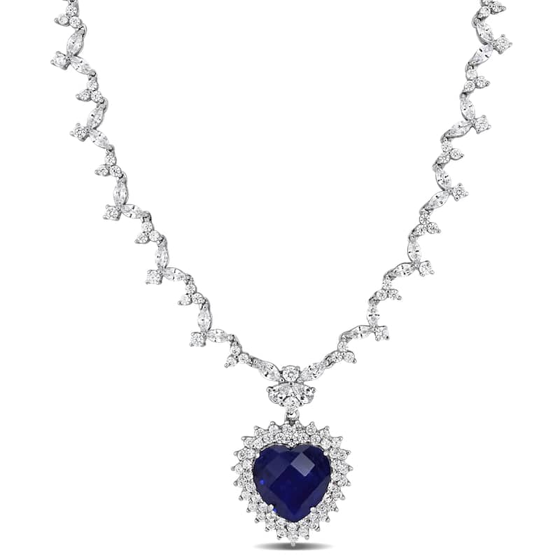 Miadora Sterling Silver 47ct TGW Blue and White Cubic Zirconia Heart Halo Station Necklace - 18 inch x 24 mm x 10 mm