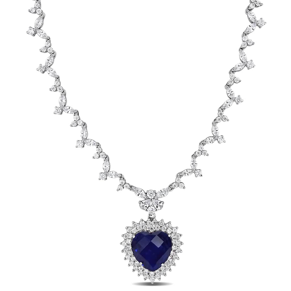 Miadora Sterling Silver 47ct TGW Blue and White Cubic Zirconia Heart Halo Station Necklace - 18 inch x 24 mm x 10 mm