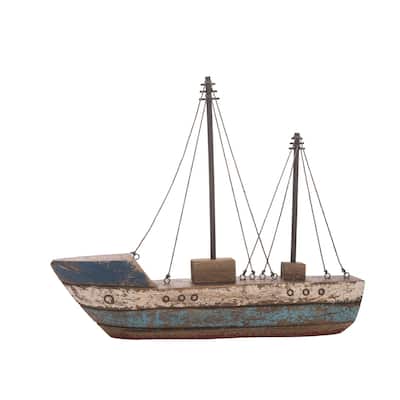 17.3" Wood Seaside Vllg Fishing Trawler - Brown