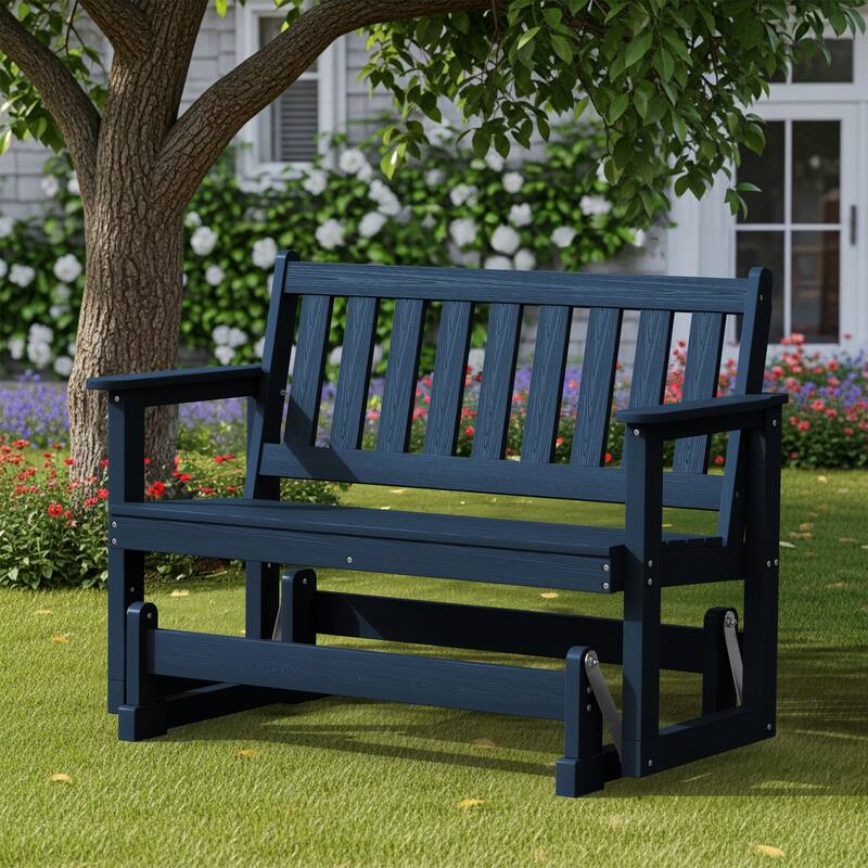 Outdoor Patio HDPE Glider Bench, Garden Rocking Bench - Navy