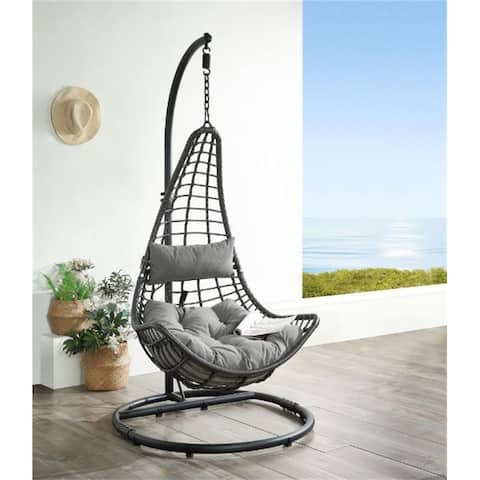 Uzae Patio Hanging Chair with Stand, Fabric Charcaol Wicker, Gray