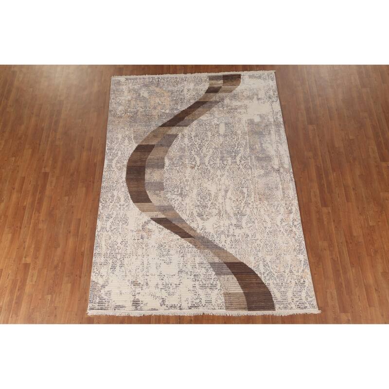 Beige Striped Modern Indian Area Rug Handmade Wool Carpet - 6'6"x 9'1"