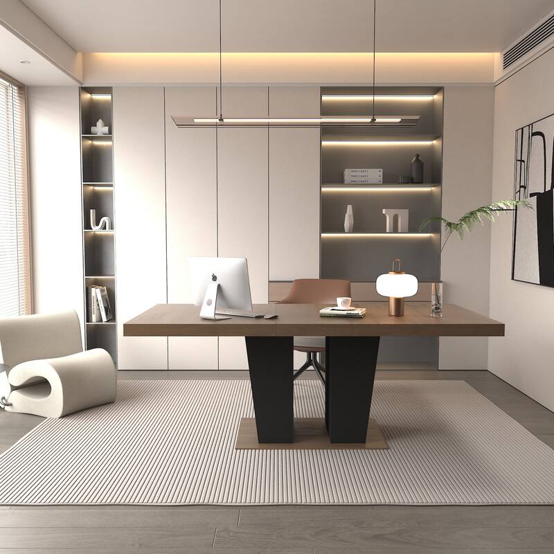 Extendable Dining Room Table, Wooden Kitchen Table with Double Pedestal Base, Large Meeting Table Home Office Table