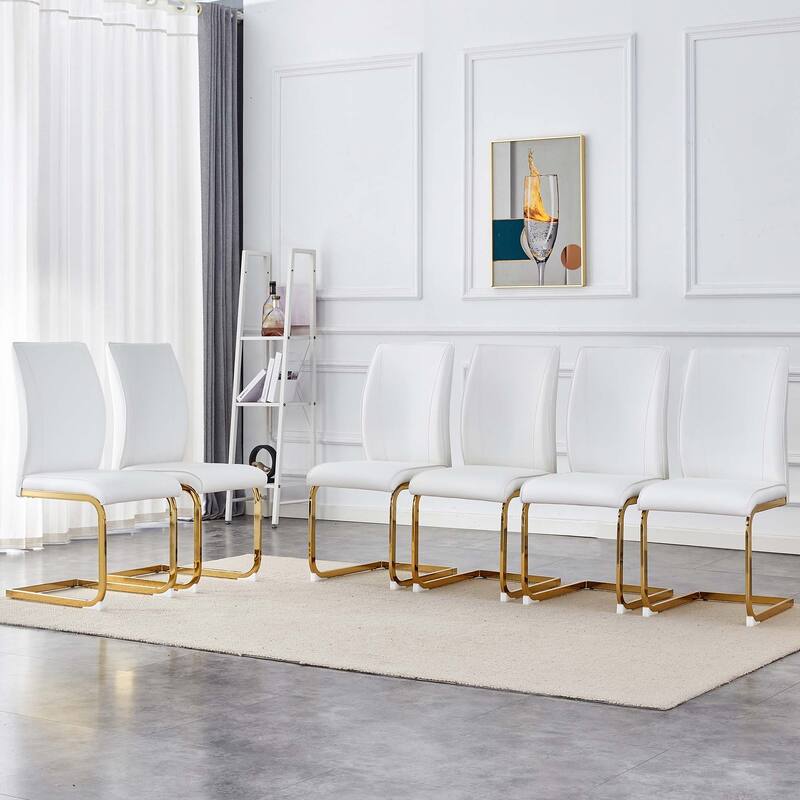 Set of 6 PU High Resilience Dining Chair with Arched Metal Gold Leg.