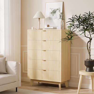 Mid-Century Fluted 3/4/5-Drawer Dresser, Natural Wood Chest of Drawers