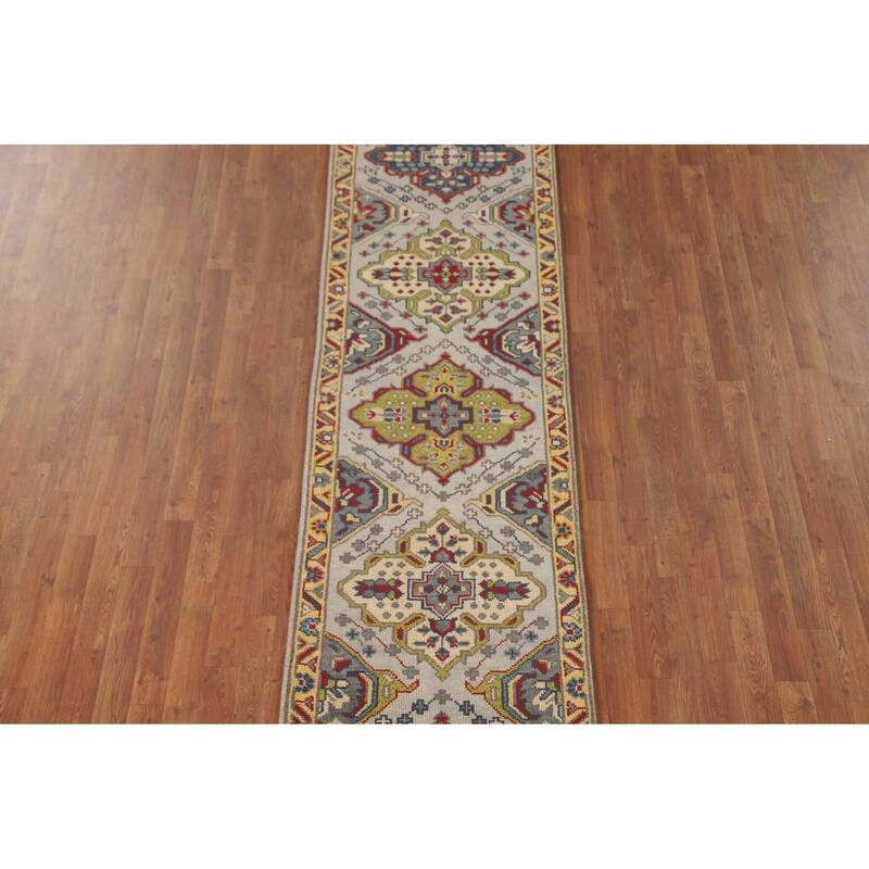 Traditional Grey Kazak Runner Rug Hand-Knotted Wool Carpet - 2'6" x 9'10"