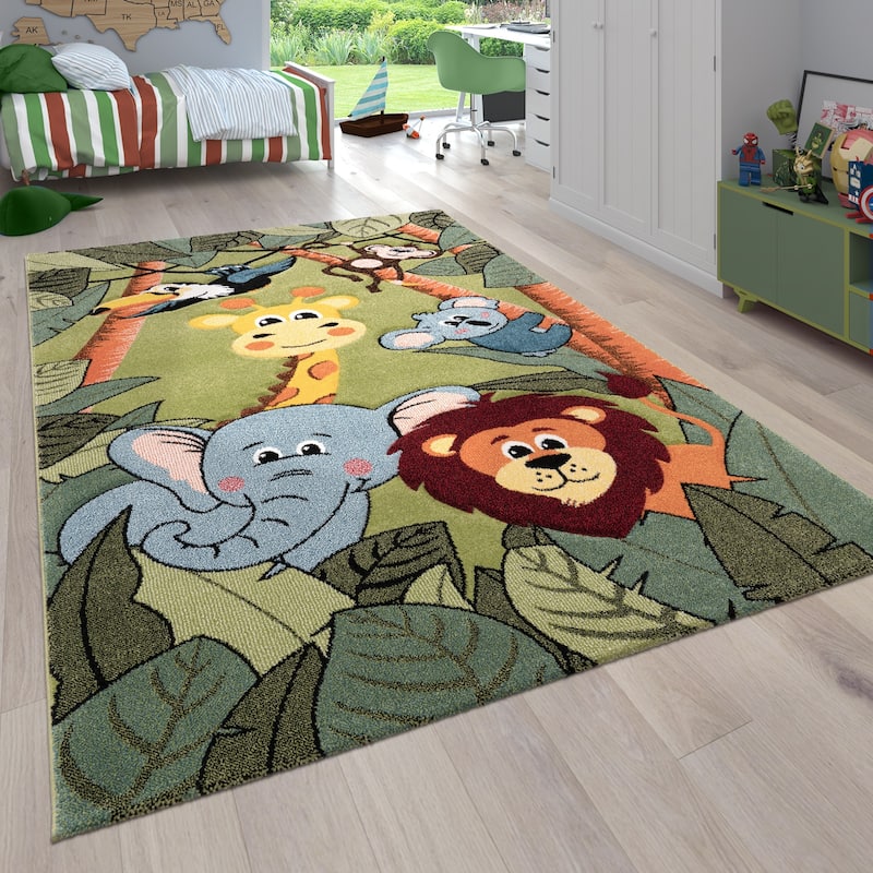 Kids Rug for childrens room with Jungle Animals in Green - 4'7" x 6'7"