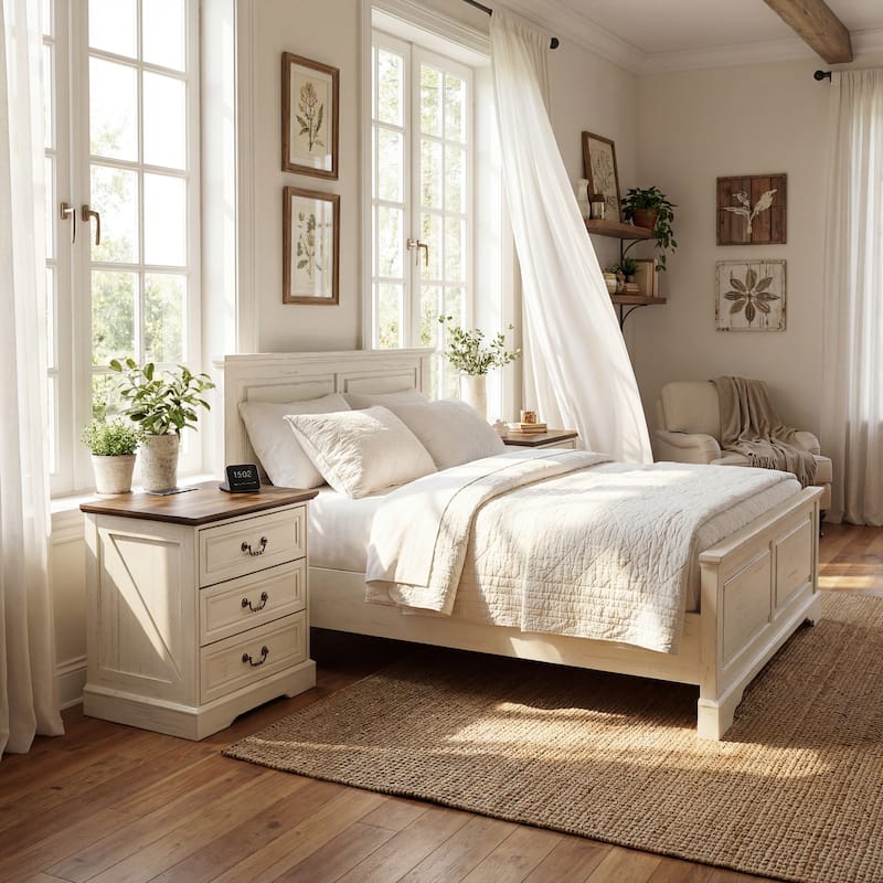 Farmhouse Nightstand with Charging Station, 3 Drawer Bedside Table with 2 AC Outlets & 2 USB Ports, Rustic Wood End Table