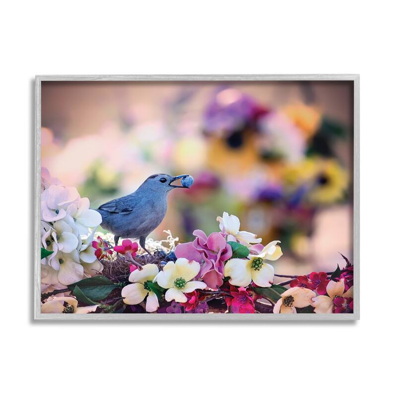 Stupell Bird with Spring Flowers Framed Giclee Art Design by Karen Burke - 30 x 24 - Grey