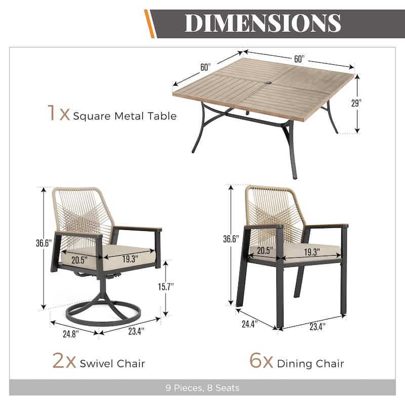 MAISON ARTS 9 Pieces Outdoor Patio Dining Set with Square Table and Cushioned Woven Wicker Dining Chairs