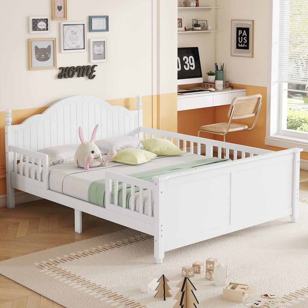 White Wood Full Platform Bed with Headboard and Footboard for Kids, Low Profile Design with Safety Guardrails