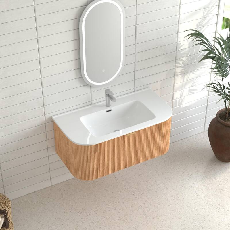 36" Bathroom Vanity with Basin,Wall-Mounted Floating Curved Edges Striped Bathroom Storage Cabinet with 2 Side Drawers
