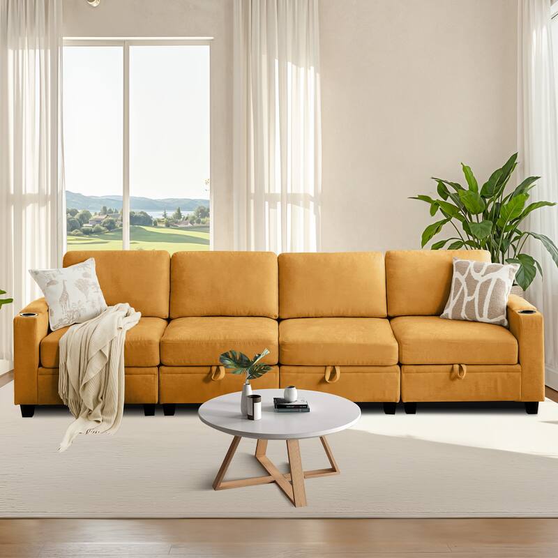 4-Seater Chenille Storage Sofa with Cup Holders