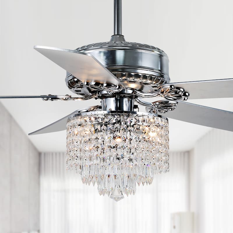 Cusp Barn 52-In Modern Crystal Ceiling Fan with Remote Control and 5 Reversible Wood Blades - Chrome