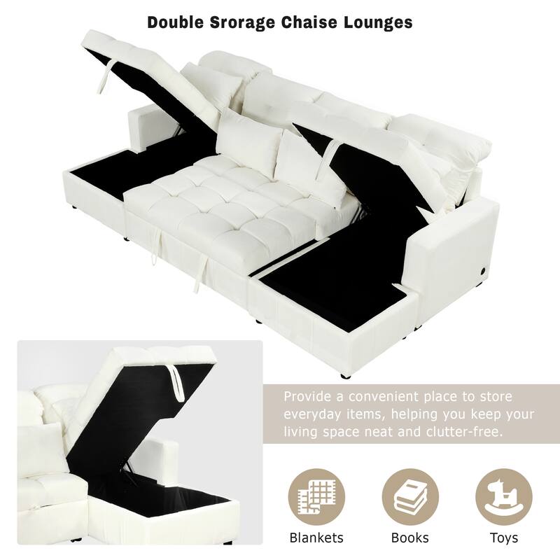 U-shaped Sofa Pull-out Sofa Bed, Modular Sectional Sofa with 2 Storage Chaise Lounges and 2 USB Ports for Living Room