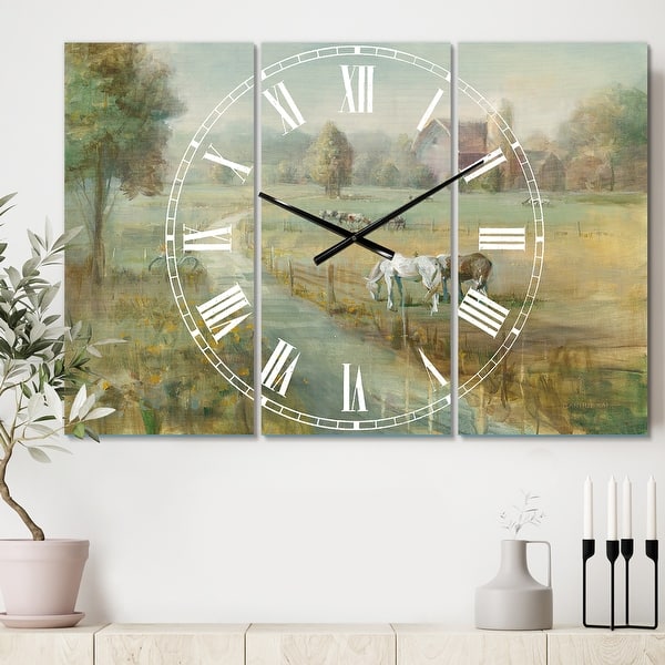 slide 2 of 6, Designart 'Tranquil Country Field' Cottage 3 Panels Oversized Wall CLock - 36 in. wide x 28 in. high - 3 panels