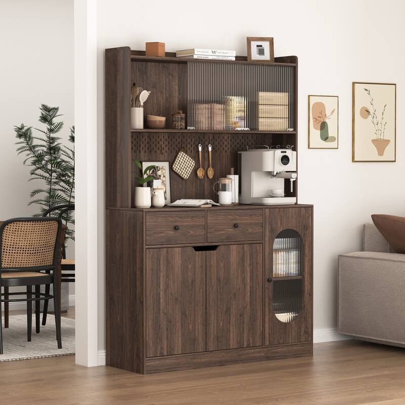 Kitchen Pantry with Bakers Racks, Freestanding Sideboard Cupboard with Reeded Glass Doors, Wood Cupboard with Microwave Stand