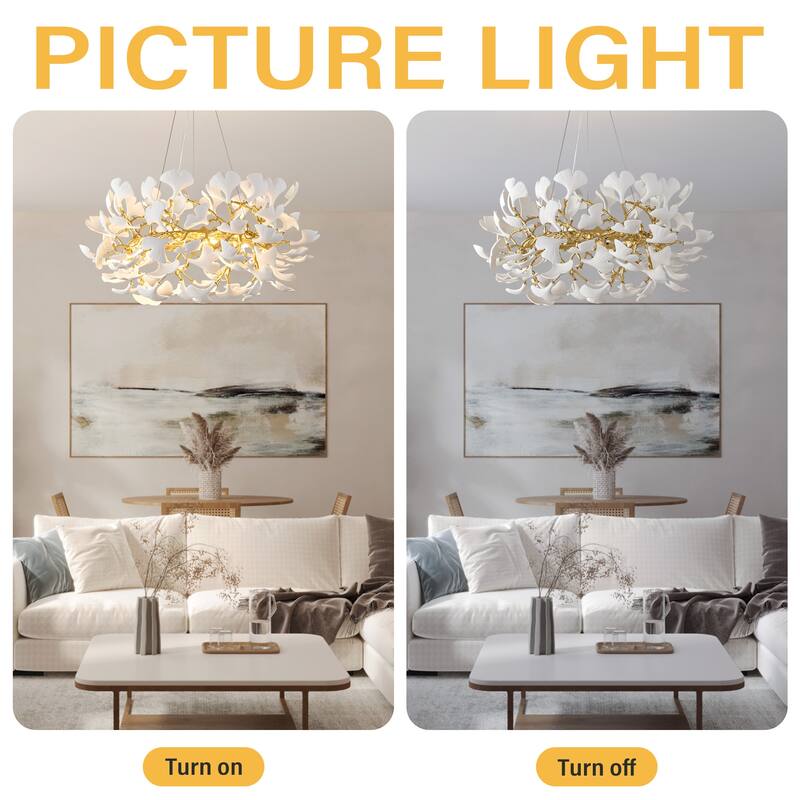 Modern Ginkgo Leaf Ceramic Chandelier, Moon Ring Round Pendant Light, D550-D1200, Gold Finish