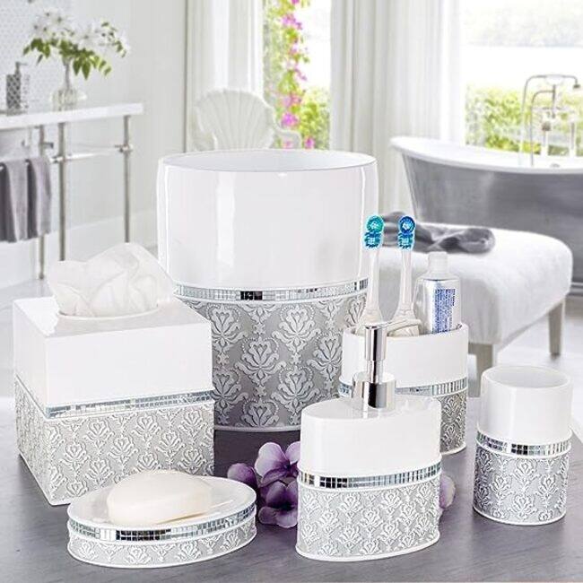 Creative Scents Mirror Damask White & Gray Square Tissue Box Cover