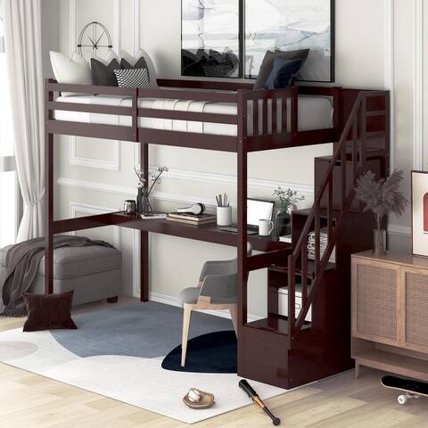 Twin Size Loft Bed with Staircase and Built-in Desk ,Espresso