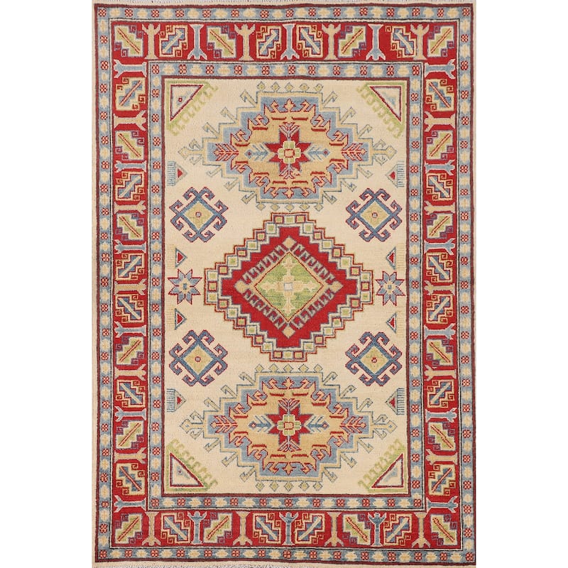 Geometric Kazak Oriental Area Rug Handmade Beige Wool Carpet - 3'11" x 6'0"