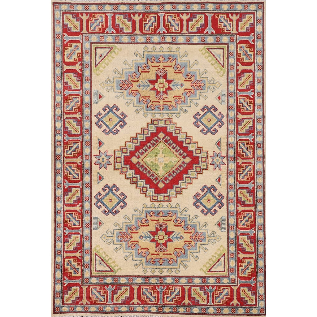 Geometric Kazak Oriental Area Rug Handmade Beige Wool Carpet - 3'11" x 6'0"
