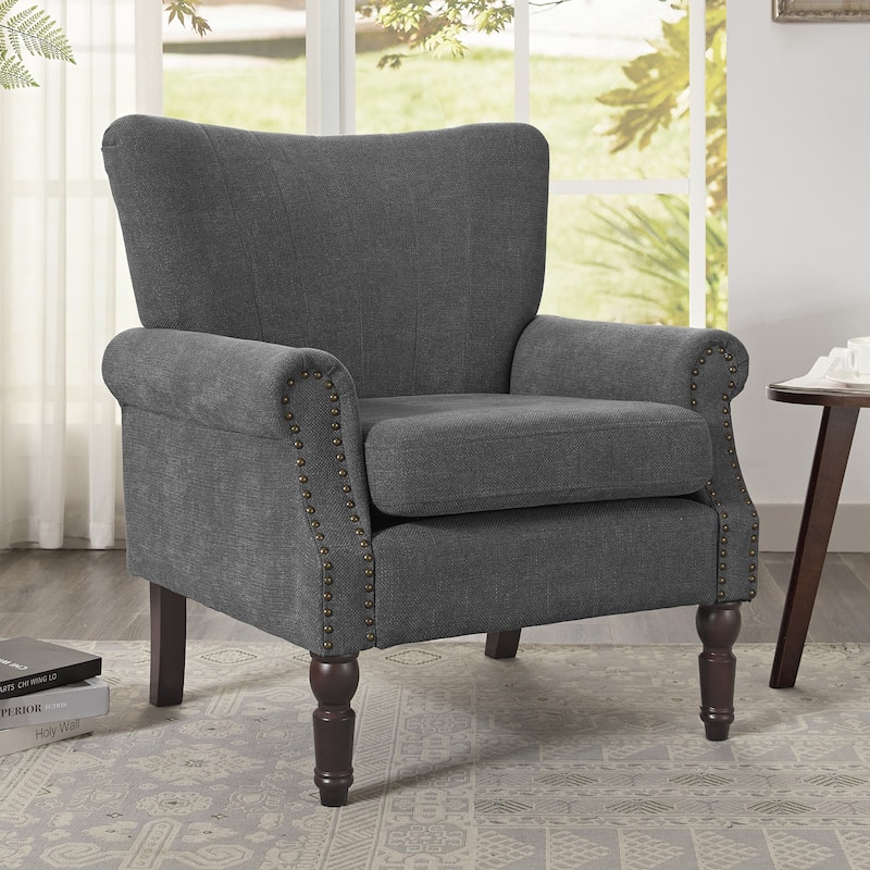 COZYMAN Modern Solid Wood Armchair Upholstered Fabric/Faux Leather Accent Chair for Living Room - Grey/Fabric
