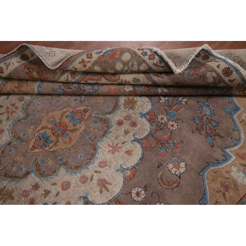 Brown Tabriz Vintage Persian Area Rug Hand-Knotted Wool Carpet - 8'1" x 10'10"