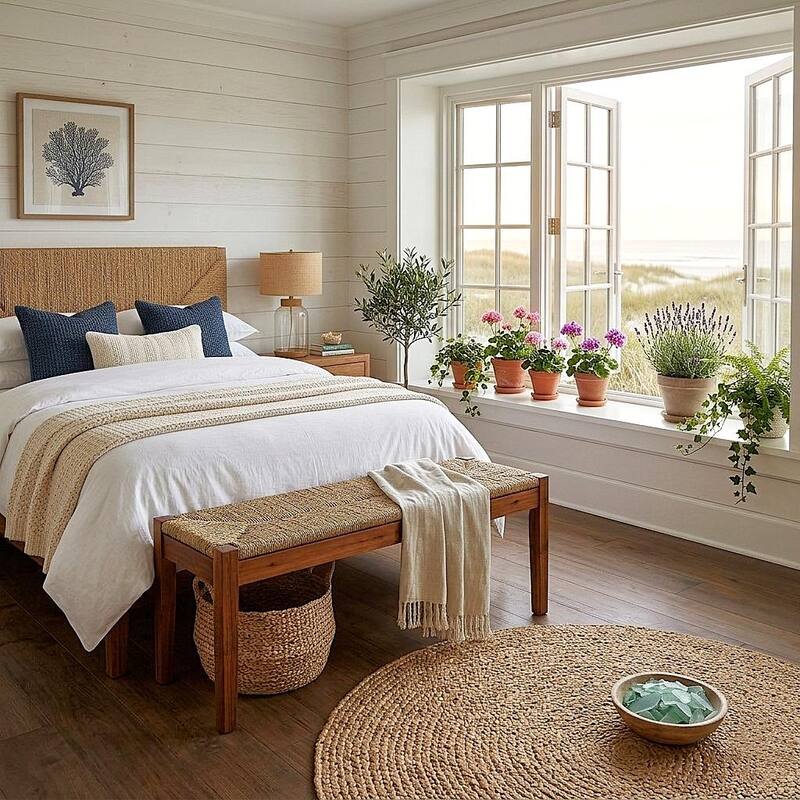 M4HSolid Acacia Wood Bench with Handwoven Natural Seagrass Seat