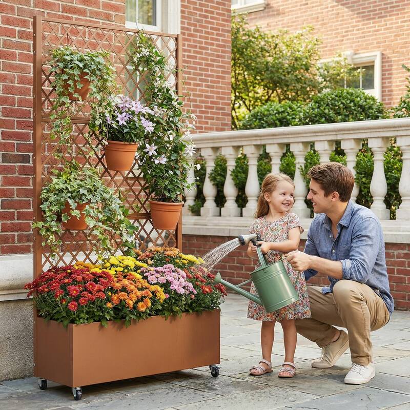 Raised Garden Bed Planter with Trellis Movable Planter Box with Lockable Wheels